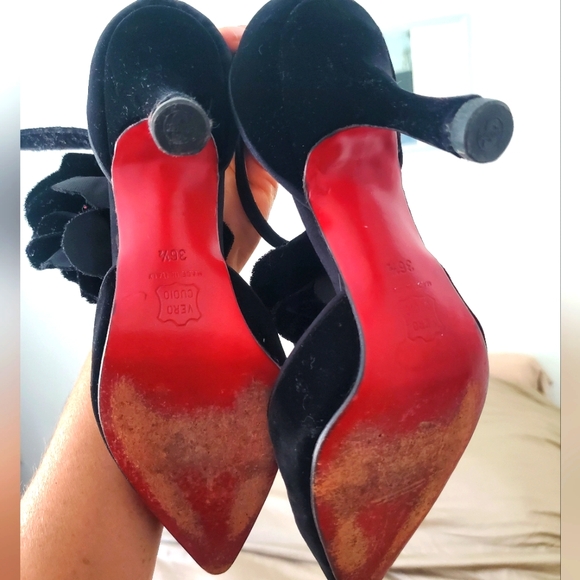 Christian Louboutin Black Suede, Flower Ankle Strap, Red Bottom, 3" Heels. 36.5 - Picture 2 of 10